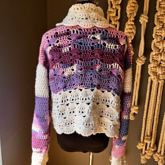 Crochet Granny Core Hand Knit Cardigan Sweater Purple M/L Cottage Fairy Girly - Picture 11 of 11